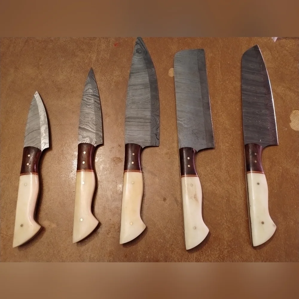 New 5pc Damascus steel blade skull kitchen butcher set